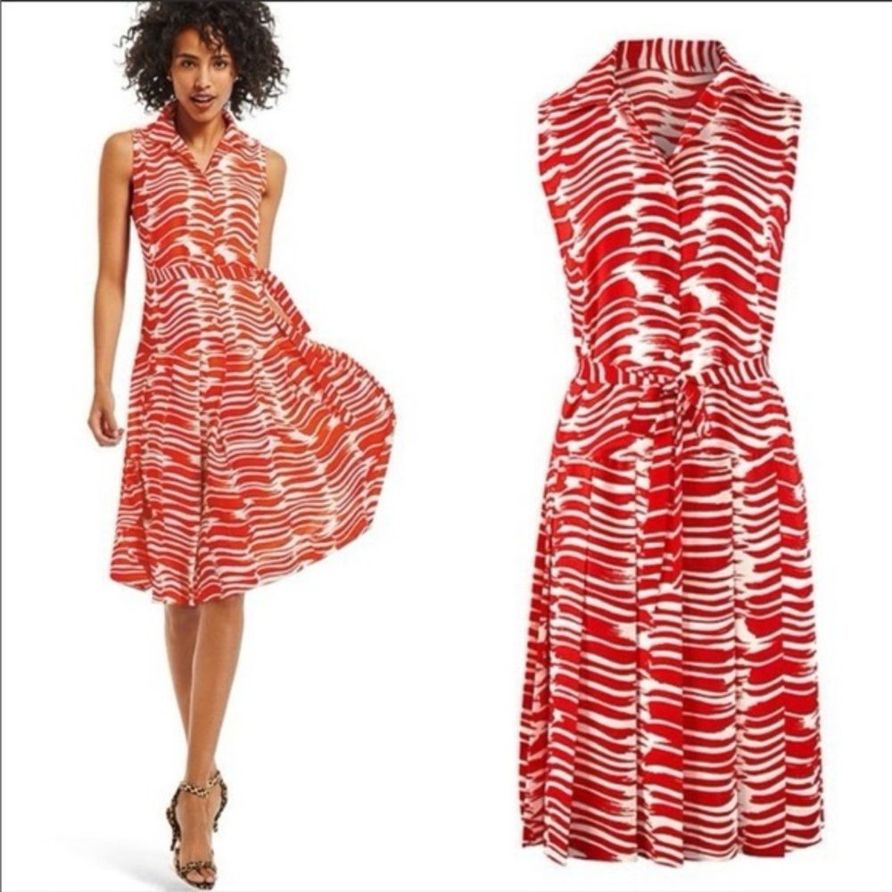 CAbi Red and White Brushstroke Patterned Midi Dress Size Medium